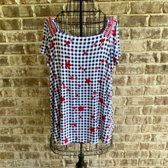 Lane Bryant Top Size 14/ 16 Checkered Red Stars Smocking July 4 Labor Da… - Picture 1 of 12